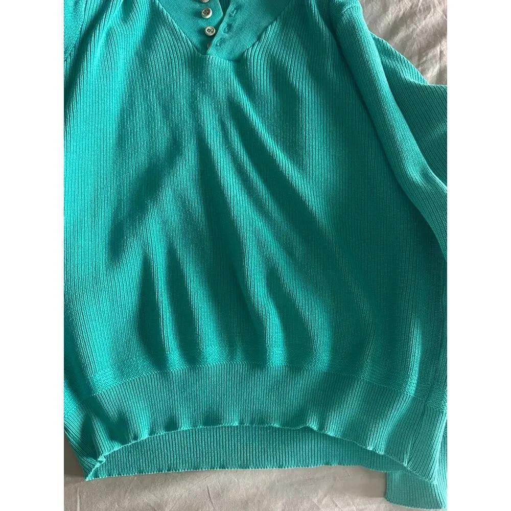 Vintage 80s Lands End Made in USA Cotton Henley Sweater Emerald Green XL Long